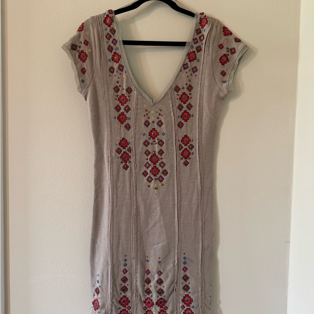Free People Gray Mini Dress with Red and Blue Embroidery